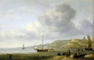 Scena na brzegu w pobliżu Scheveningen (Holandia). Olej na płótnie autorstwa Charles Brooking