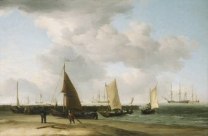 Scena na brzegu z budynkiem wojennym na horyzoncie. Olej na płótnie autorstwa Charles Brooking