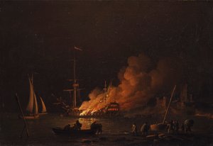 Statek w ogniu w nocy autorstwa Charles Brooking