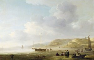 Wybrzeże w pobliżu Scheveningen z Fishing Pinks na brzegu (olej na płótnie) autorstwa Charles Brooking