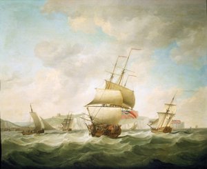 Statek handlowy i jacht królewski na wietrze u wybrzeży Dover (Anglia). Olej na płótnie, około 1750 roku, autorstwa Charlesa Brookinga (1723-1759). autorstwa Charles Brooking
