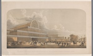 Gezicht op het Crystal Palace Transept (widok zewnętrzny) pałacu przemysłowego, od strony Bramy Księcia Walii (tytuł na obiekcie)