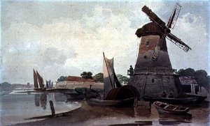 Widok na Tamizę, z wiatrakiem i łodziami autorstwa Charles Calvert