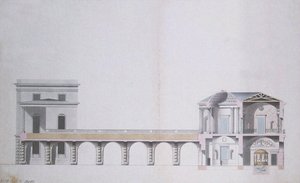 Przekrój pawilonu agatowego i wiszącego ogrodu w Carskim Siole, ok. 1780 (pióro i atrament z wc na papierze) autorstwa Charles Cameron