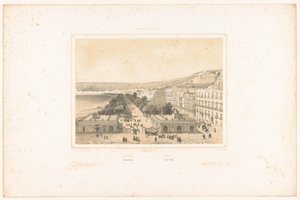 Widok na Villa Poggio Reale z aleją drzew w Neapolu Neapol. Jardin Royal / Neapol. Villa Reale (tytuł na obiekcie) Oblicza Królestwa Neapolu (tytuł serii) Royaume de Naples (tytuł serii na obiekcie) autorstwa Charles Claude Bachelier
