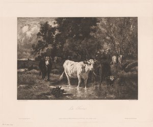 Krajobraz z krowami na skraju lasu La Forêt (tytuł na obiekcie) autorstwa Charles Courtry
