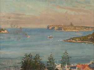Patrząc w stronę Sydney Heads z północy miasta (olej na pokładzie) autorstwa Charles David Jones Bryant