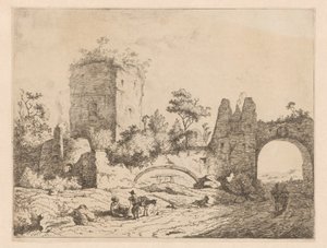 Krajobraz z ruinami wieży i bramą Grafiki z ruinami w pejzażach (tytuł serii) Cahier de ruines et de paysages (tytuł serii) autorstwa Charles Echard (attributed to)