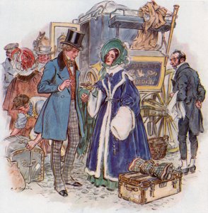 Wielkie nadzieje, Estella przyjeżdża do Cheapside autokarem z Rochester autorstwa Charles Edmund Brock