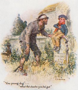 Wielkie Oczekiwania, Pip spotyka skazańca na cmentarzu. autorstwa Charles Edmund Brock