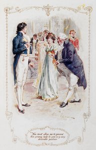Sir William Lucas: „Panie Darcy, musi pan pozwolić mi przedstawić panu tę młodą damę jako bardzo pożądaną partnerkę (Elizabeth Bennet)” ilustracja do „Dumy i uprzedzenia” Jane Austen