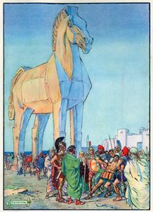 Koń trojański, z „Godziny dla dzieci: Historie z klasyki”, wydanej przez Waverley Book Company autorstwa Charles Edmund Brock