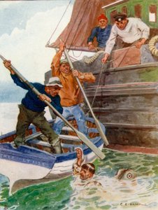 Dwaj mężczyźni w łodzi zaczęli gorączkowo bić i kopać w ohydny przedmiot autorstwa Charles Edmund Brock