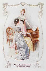„Uspokajali swoją nędzę duetem po kolacji”, ilustracja z „Duma i uprzedzenie” Jane Austen (kolor lito) autorstwa Charles Edmund Brock