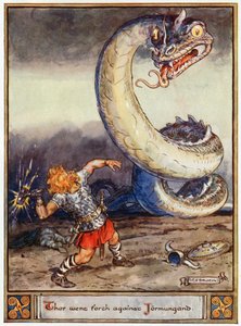 „Thor wyruszył przeciwko Jormungandowi”, ilustracja z „Bohaterów Asgardu, opowieści z mitologii skandynawskiej”, autorstwa A und E Keary, 1930