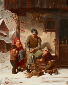 Naprawa sań (olej na płótnie) autorstwa Charles Edouard (attr.to) Frere