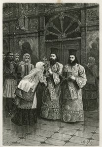Pritres całujący święte obrazy, rycina Ch.Delort, ilustrująca podróż Henri Belle do Grecji w latach 1861,1868 i 1874, opublikowana w tour du monde, pod kierunkiem Edouarda Chartona autorstwa Charles Edouard Delort