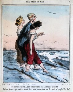 Tradycyjny mężczyzna eskortujący dwie młode damy do kąpieli w morzu, ok. 1850-70 (kolor lito)