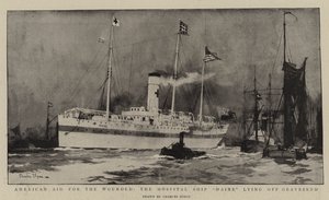 Amerykańska pomoc dla rannych, statek szpitalny Maine leżący przy Gravesend autorstwa Charles Edward Dixon
