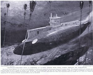 Komandor porucznik Boyle odznaczony VC za unikanie tureckich min w swojej łodzi podwodnej podczas przechodzenia przez Dardanele 1915 autorstwa Charles Edward Dixon