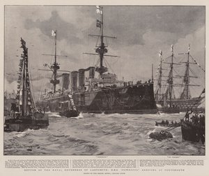 Powrót obrońców marynarki wojennej Ladysmith, HMS Potężny przybywający do Portsmouth