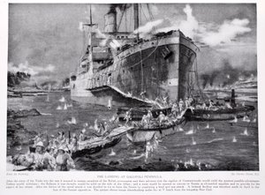 Lądowanie na półwyspie Gallipoli, ilustracja z „Hutchinson