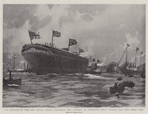 Wodowanie nowego królewskiego jachtu Victoria and Albert w Pembroke Dock po raz pierwszy na wodzie