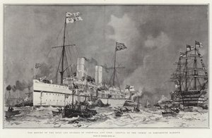Powrót księcia i księżnej Kornwalii i Yorku, przybycie statku "Ophir" do portu w Portsmouth