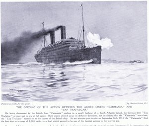 Akcja otwarcia między uzbrojonymi liniowcami Carmania i Cap Trafalgar na południowym Atlantyku, wrzesień 1915 r. autorstwa Charles Edward Dixon
