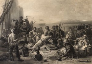 "Scena na wybrzeżu Afryki": niewolnicy i właściciele niewolników czekają na transport za granicę. autorstwa Charles Edward Wagstaff