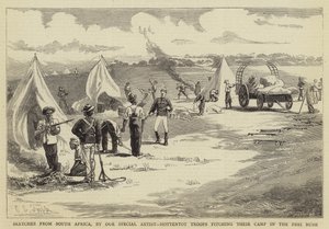 Szkice z Południowej Afryki, Hottentot Troops rozbijający swój obóz w Peri Bush autorstwa Charles Edwin Fripp