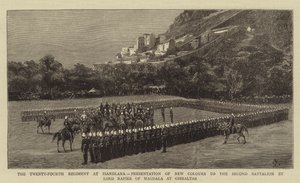 Dwudziesty czwarty pułk w Isandlana, prezentacja nowych kolorów drugiemu batalionowi przez Lorda Napiera z Magdali w Gibraltarze autorstwa Charles Edwin Fripp
