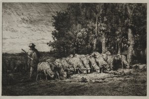 Stado na skraju lasu, 1880 r. autorstwa Charles Emile Jacque