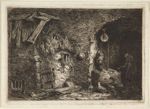 Wnętrze wiejskiego domku autorstwa Charles Emile Jacque