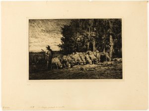 Stado owiec na skraju lasu autorstwa Charles Emile Jacque