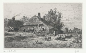 Pasterz ze stadem na drodze wzdłuż gospodarstwa autorstwa Charles Emile Jacque