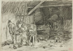 Wnętrze kuźni (recto); mężczyzna pochylający się, widziany z lektury (verso) autorstwa Charles Emile Jacque