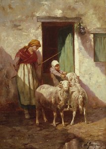 Pasterka z dzieckiem i dwiema owcami autorstwa Charles Emile Jacque