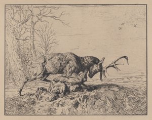 Jeleń walczący z wilkiem, wg Antoine Louis Barye, 1846. autorstwa Charles Emile Jacque
