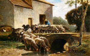 Opuszczanie stada (olej na panelu) autorstwa Charles Emile Jacque