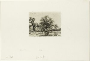 Drzewa i krowy w pobliżu stawu autorstwa Charles Emile Jacque