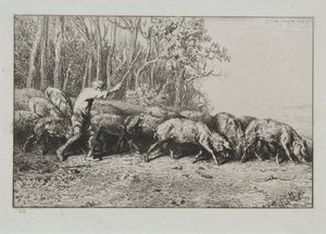Stado porów wychodzące z drewna. autorstwa Charles Emile Jacque