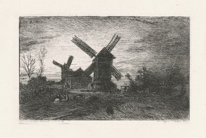 Dwa wiatraki na Montmartrze autorstwa Charles Emile Jacque