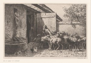 Kobieta prowadząca owce do stajni Bergerie autorstwa Charles Emile Jacque