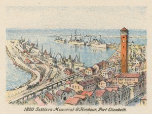 RPA: Pomnik osadników i port w Port Elizabeth z 1820 r. (kolorowa litografia) autorstwa Charles Ernest Peers