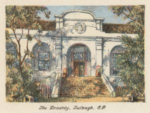 Republika Południowej Afryki: The Drostdy, Tulbagh, CP (kolorowa litografia) autorstwa Charles Ernest Peers