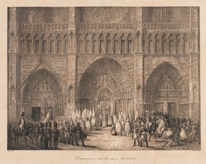 Flagi zrobione w Austerlitz odebrane w Notre Dame, początek XIX w. (lito) autorstwa Charles Etienne Pierre Motte