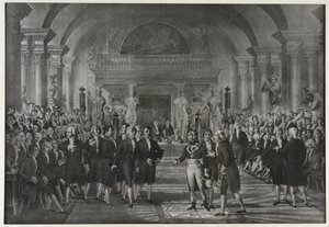 Przyjęcie Napoleona Bonaparte w Instytucie, klasa fizyki i matematyki, sekcja sztuk mechanicznych 25 grudnia autorstwa Charles Etienne Pierre Motte