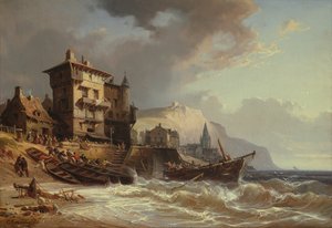 Wyciąganie łodzi na brzeg na wybrzeżu Bretanii, XIX wiek autorstwa Charles Euphrasie Kuwasseg