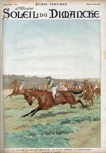 Wyścigi konne: „”Wielka sportowa forzaine: fałszywy start na torze wyścigowym Longchamps””. Akwarela autorstwa Condamy Grawerowanie w „”Le sun-du-dimanche””, 18 czerwca autorstwa Charles Fernand de (after) Condamy